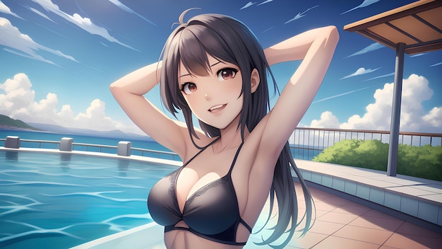 she wear fashion bikini at pool images with ai generated