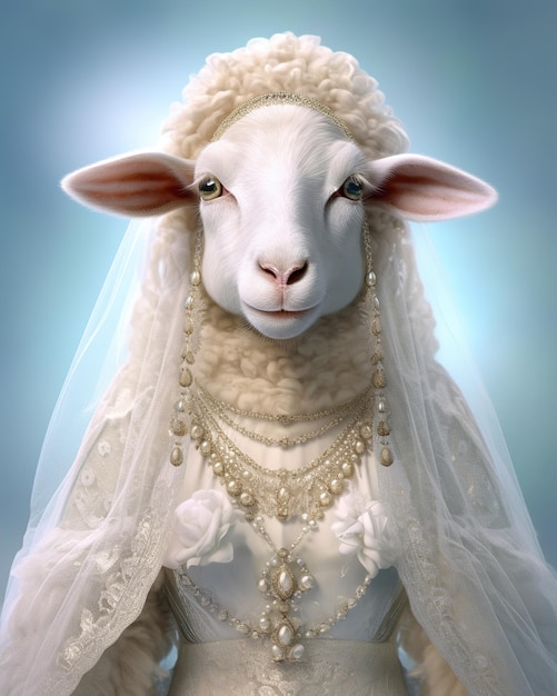 Sheep animal as a beautiful bride in veil Generative AI