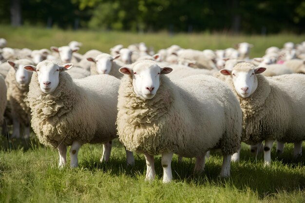 Photo sheep await shearing in beautiful outdoor farm setting