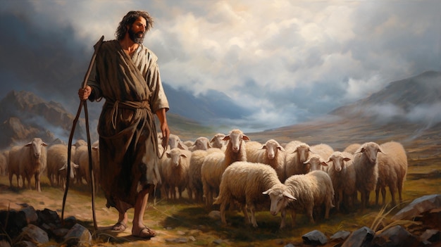 sheep on the background of a mountain landscape with a flock of sheep