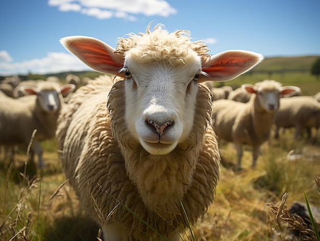 Sheep on the background of pasture and other sheep Generative AI