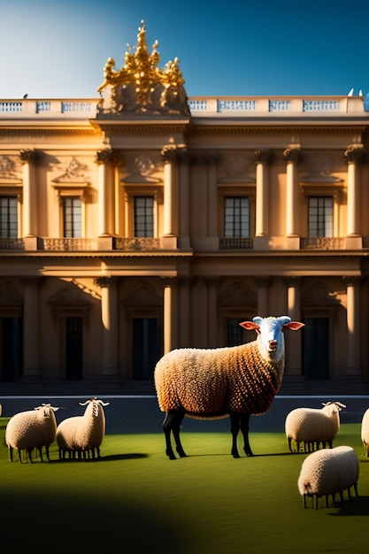 Sheep in baroque armor in front of palace made of beautiful