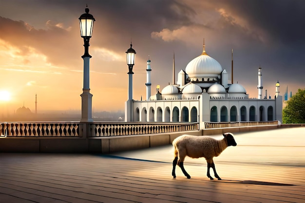 Sheep on a bridge in front of a mosque