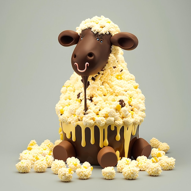 A sheep cake with popcorn on it is made of chocolate and has a chocolate icing.