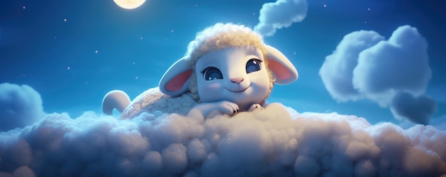 A sheep in a cloud with the moon behind it