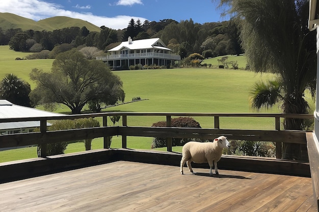 A sheep on the deck of a country house Gisborne New Zealand