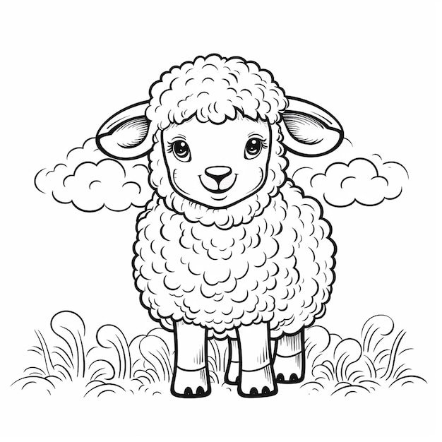 Sheep drawings beautiful flat coloring book kawaii line art