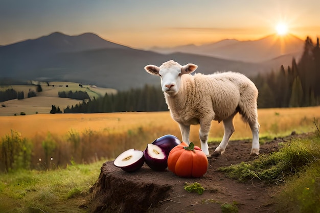 sheep on a farm with fruits and vegetables