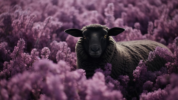 Foto una pecora in un campo di fiori viola