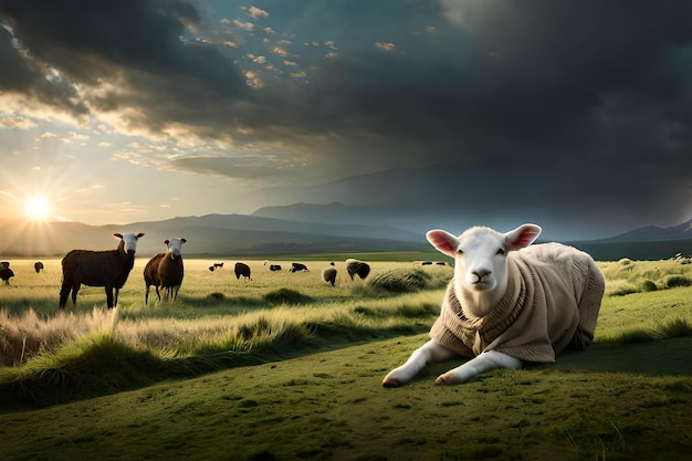 A sheep in a field with cows in the background