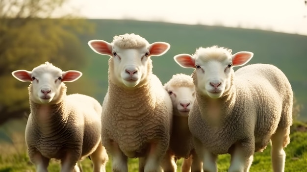 Sheep in a field with a green hill in the background