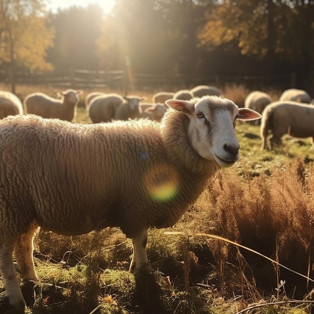 A sheep in a field with the sun shining on it