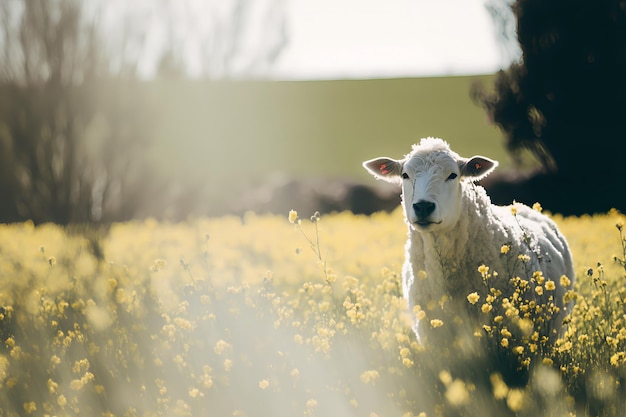 A sheep in a field of yellow flowers