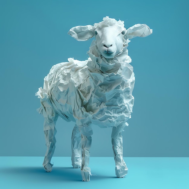 Photo sheep figurine made of crumpled paper on a blue background farm animal creative unusual original