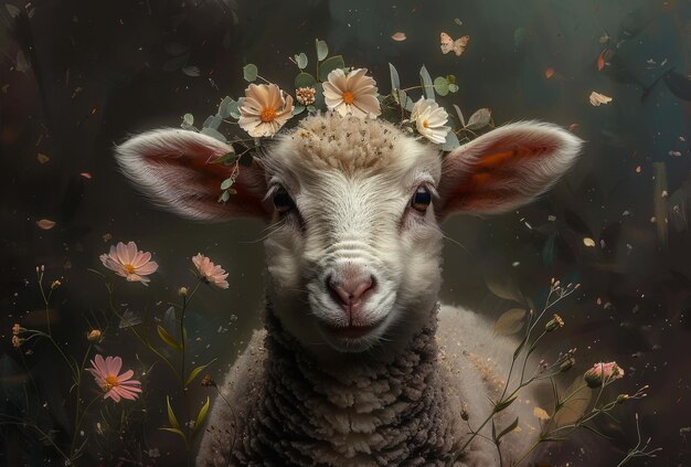 sheep on a flower wreath floral background