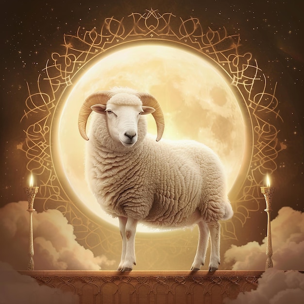 Sheep in front of the moon Bakra Eid greeting card Ai Generated