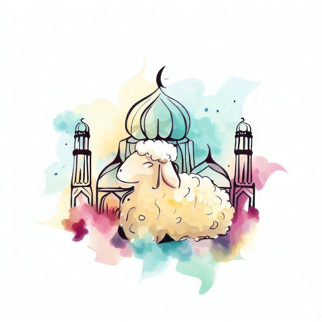 A sheep in front of a mosque with a crescent moon on it.