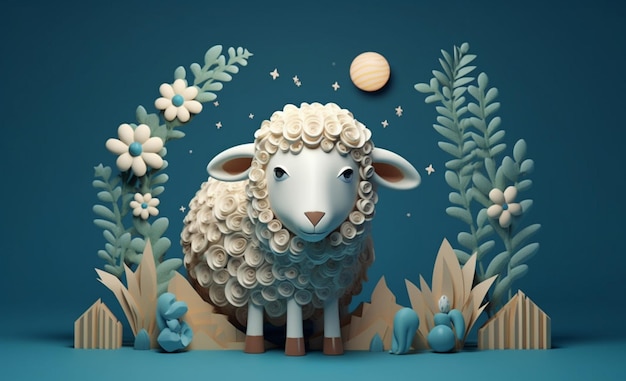 Photo a sheep in a garden with flowers and leaves