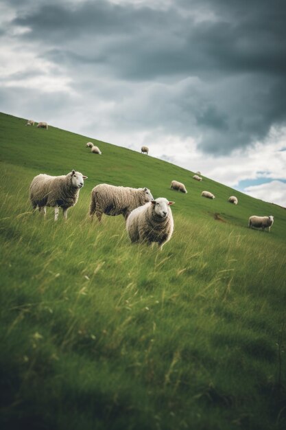 Фото Овцы пасутся на пастбище на фоне гор генеративный ии