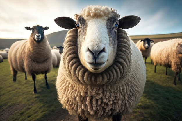 羊は山の牧草地を放牧します 曇りの日に草を食べている羊と子羊の群れ AI 生成