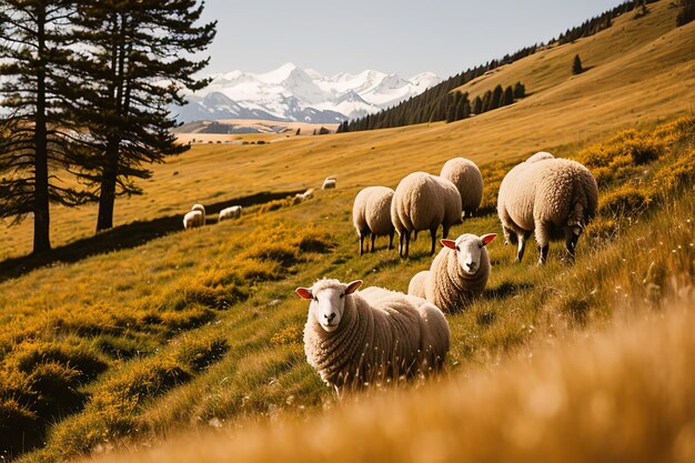 Sheep grazing in alpine meadows and units with mountain nature Generative AI