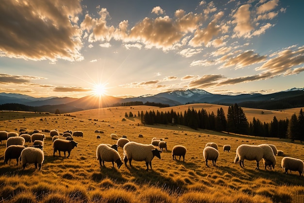 Sheep grazing in alpine meadows and units with mountain nature Generative AI