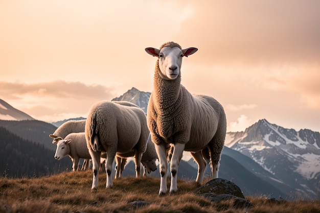 Sheep grazing in alpine meadows and units with mountain nature Generative AI