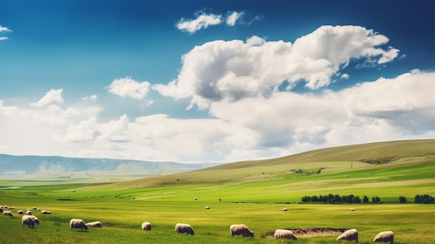 Sheep grazing in a field with a blue sky and clouds