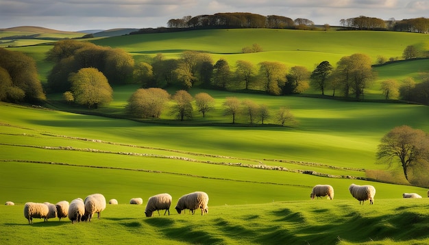 sheep grazing in a green field with a sunset in the background