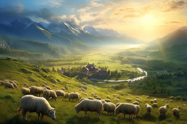 sheep grazing on a green meadow with mountains in the background