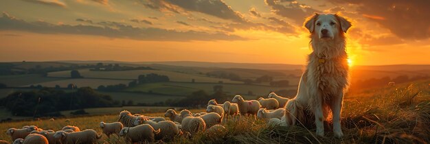 Photo sheep grazing on a hill at sunset