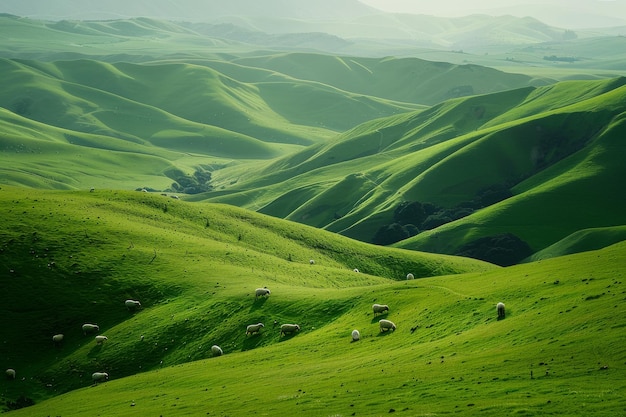 Photo sheep grazing on lush green hillside