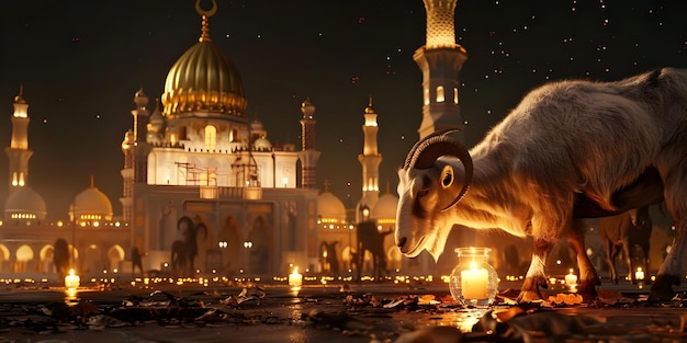 Sheep Grazing Near a Mosque Background Mosque Scenery with Sheep in Foreground Ai Generated