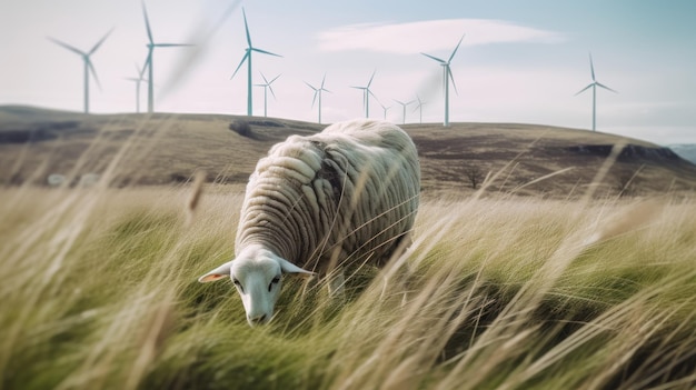 Sheep grazing near wind turbines on the mountain Generative AI