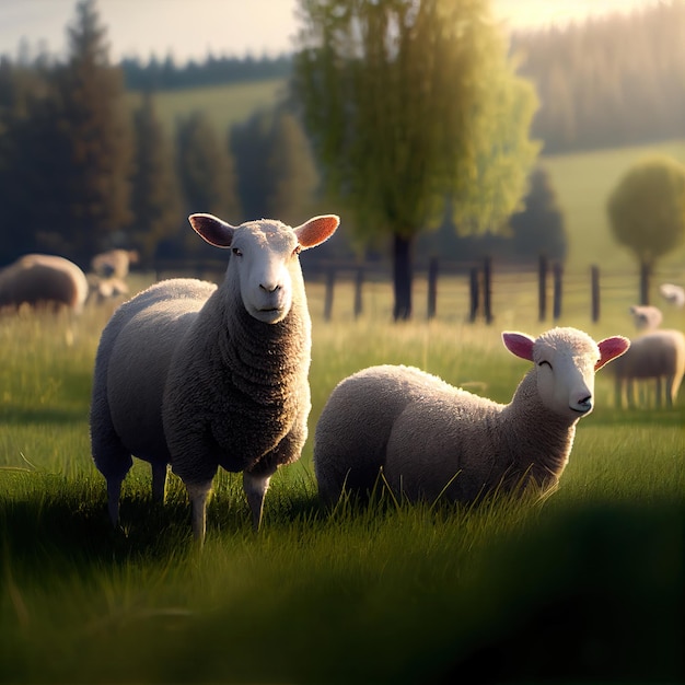 Sheep on a green meadow Generative AI