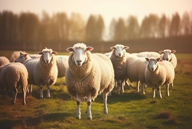 Группа овец и ягненок на лугу с зеленой травой