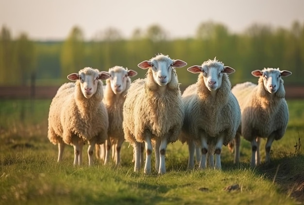 Sheep group on a meadow with green grass