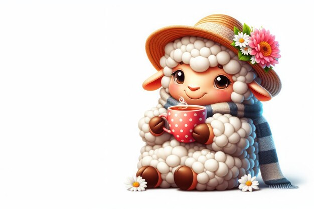 Sheep in a hat sitting with a cup of tea on a white background Space for text