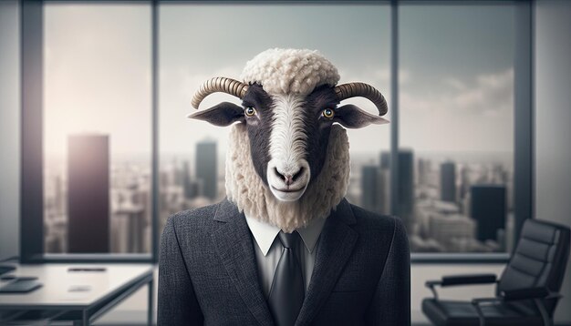 A sheep head businessman in a suit in business office