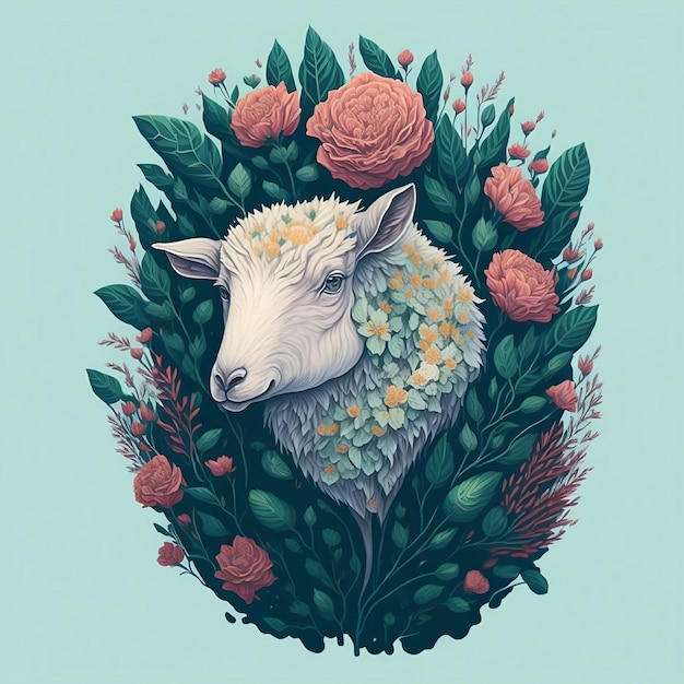 A sheep head is surrounded by flowers and leaves.