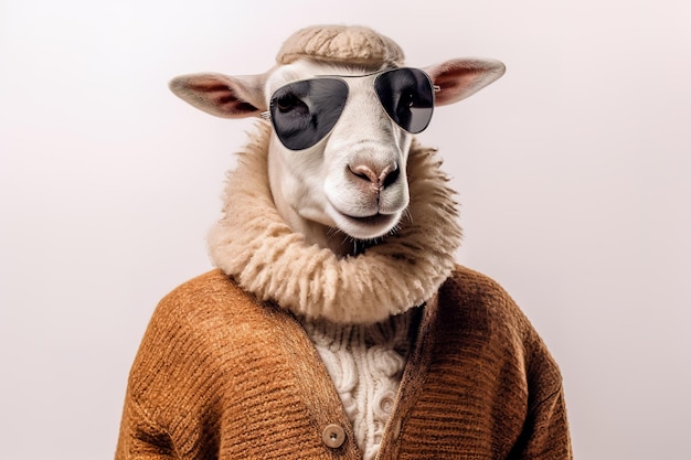 Sheep head wearing sunglasses on the human body of a man wearing winter clothes generative ai