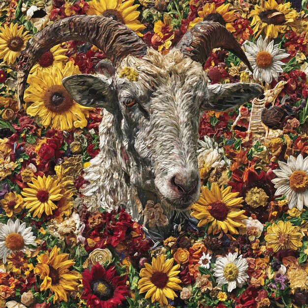 Photo sheep head with sunflowers in the meadow collage