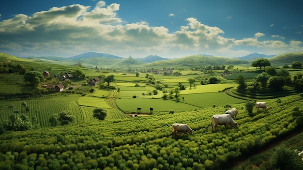 sheep on a hill with mountains in the background.