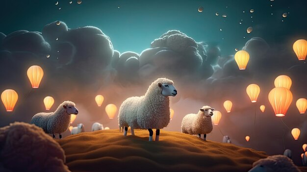 Sheep on a hill with a sky full of clouds