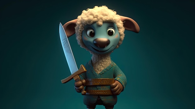 A sheep holding a sword in a blue outfit.