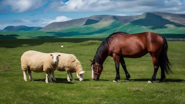 Sheep and horses grazing together on a green grass land