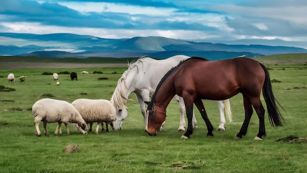 양 과 말 들 이 푸른 풀 에서 함께 먹이 를 먹고 있다