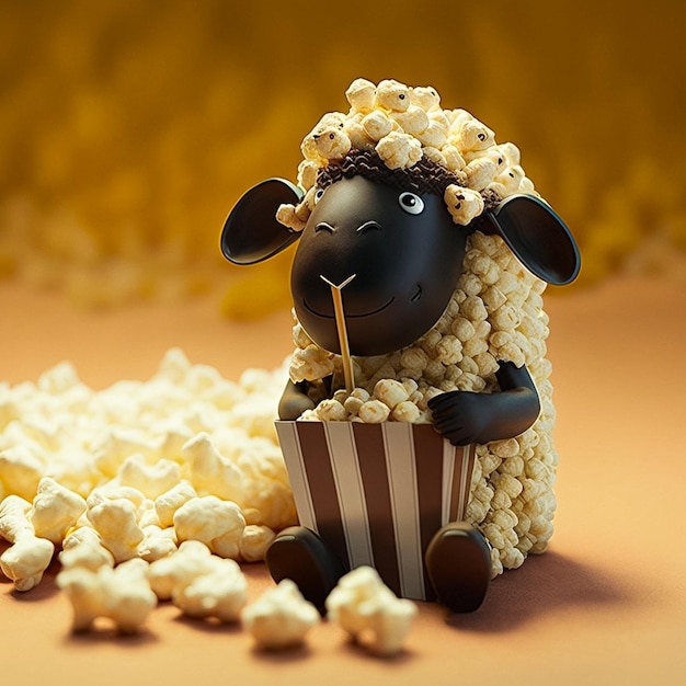 A sheep is eating popcorn and is surrounded by popcorn.