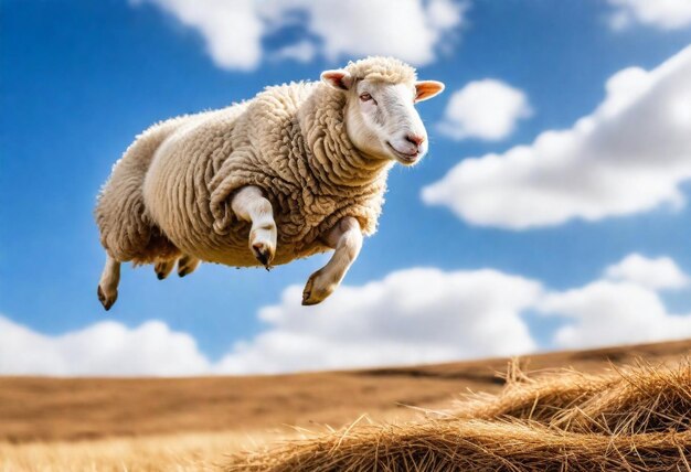 a sheep is jumping in the air with a blue sky in the background