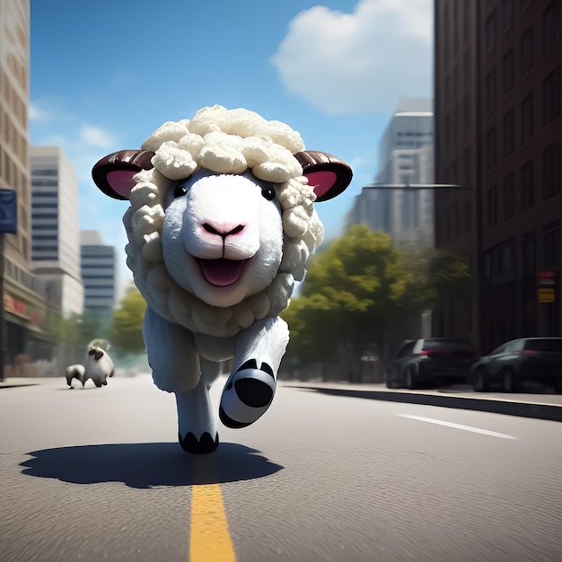 A sheep is running down the street with a sign that says'lambs '